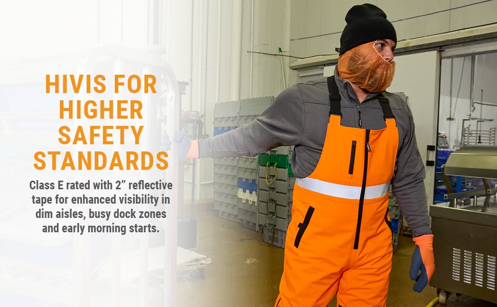 Hivis for higher safety standards. Class E rated with 2in refrlective tape for enhanced visibility in dim aisles, busy dock zones and early morning starts.
