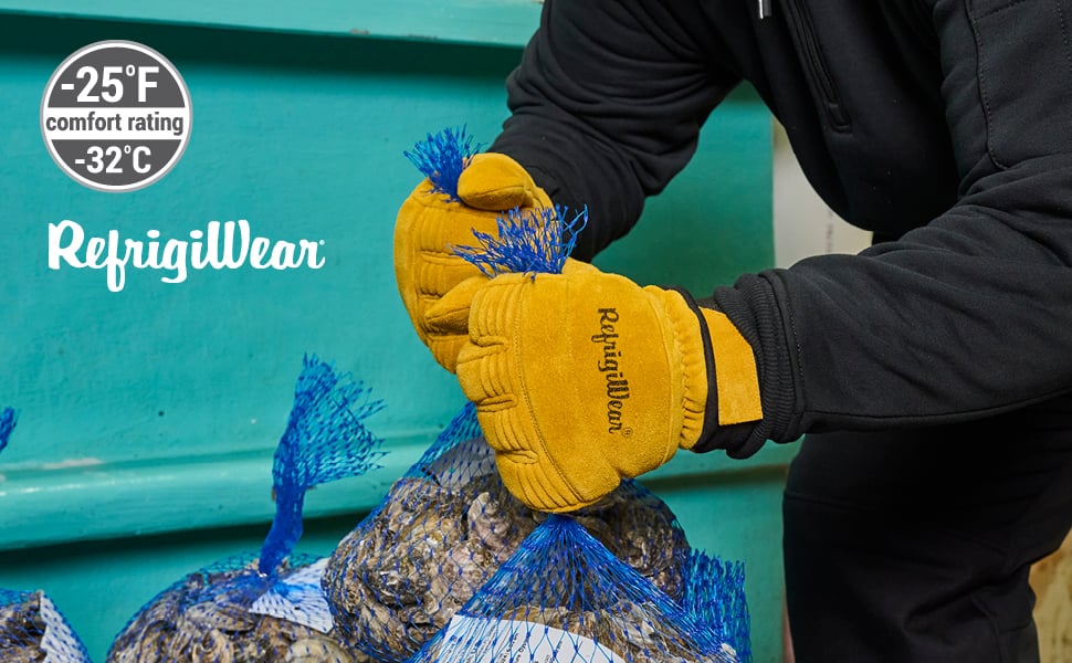 Close up of the Stretch Knuckle Insulated Leather Glove holding a product bag