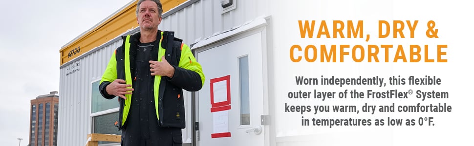 WARM, DRY & COMFORTABLE. Worn independently, this flexible outer layer of the FrostFlex<sup>&reg;</sup> System keeps you warm, dry and comfortable in temperatures as low as 0&deg;F.