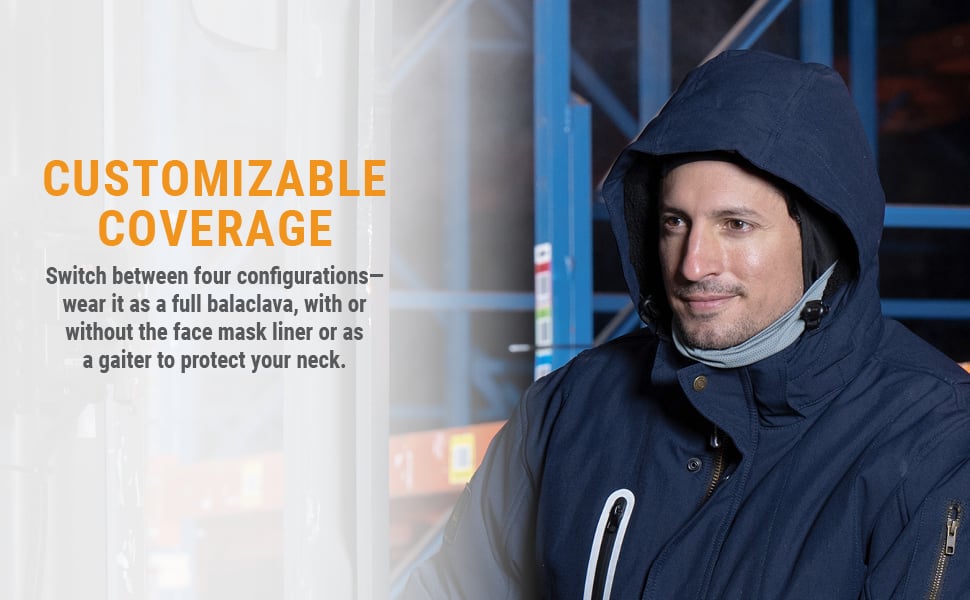 CUSTOMIZABLE COVERAGE Switch between four configurations—wear it as a full balaclava, with or without the face mask liner or as a gaiter to protect your neck. 