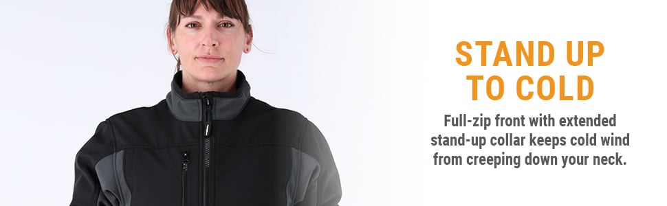 Full-zip front with extended stand-up collar keeps cold wind from creeping down your neck.