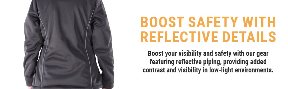 BOOST SAFETY WITH REFLECTIVE DETAILS. Boost your visibility and safety with our gear featuring reflective piping, providing added contrast and visibility in low-light environments.