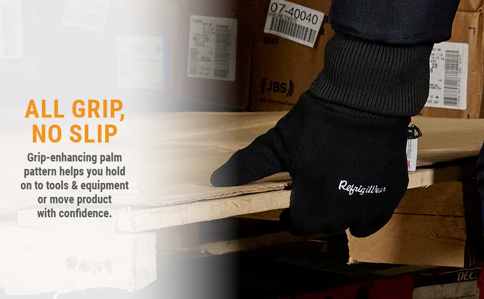 Safe Grip Freezer Fleece Glove with synthetic leather palm and silicone grip pattern for secure handling