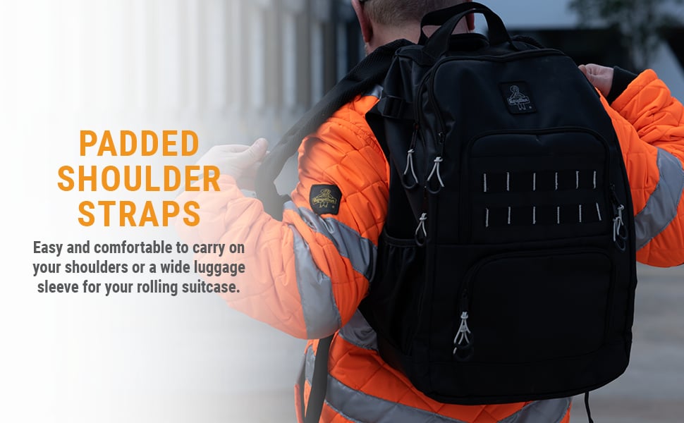 Padded shoulder straps. Easy and comfortable to carry on your shoulders or a wide luggage sleeve for your rolling suitcase
