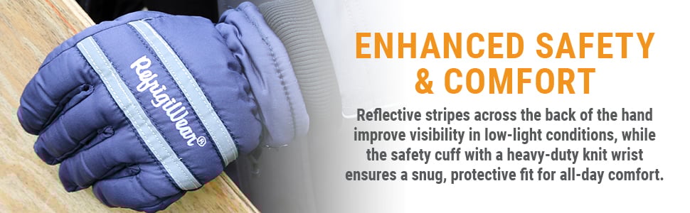 ENHANCED SAFETY & COMFORT Reflective stripes across the back of the hand improve visibility in low-light conditions, while the safety cuff with a heavy-duty knit wrist ensures a snug, protective fit for all-day comfort.
