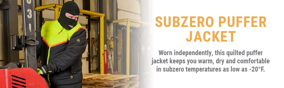 SUBZERO PUFFER JACKET. Worn independently, this quilted puffer jacket keeps you warm, dry and comfortable in subzero temperatures as low as -20&deg;F.