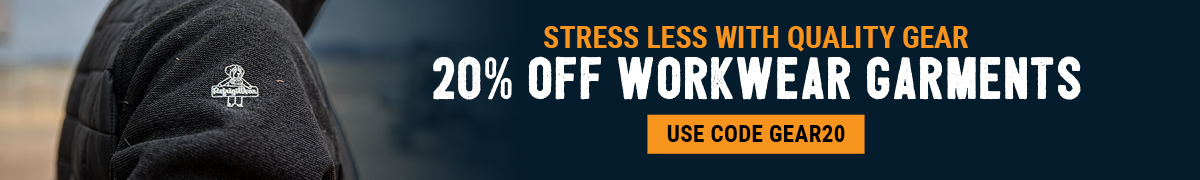 Stress less with quality gear. 20% off workwear garments. Use code GEAR20