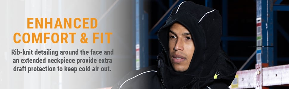 ENHANCED COMFORT & FIT Rib-knit detailing around the face and an extended neckpiece provide extra draft protection to keep cold air out. 