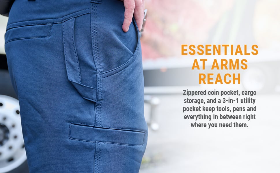 LO ESENCIAL AL ALCANCE DE LA MANO: un bolsillo con cremallera para monedas, bolsillos tipo cargo y un bolsillo multiusos 3 en 1 te permiten tener las herramientas, los bolígrafos y todo lo demás justo donde lo necesitas.