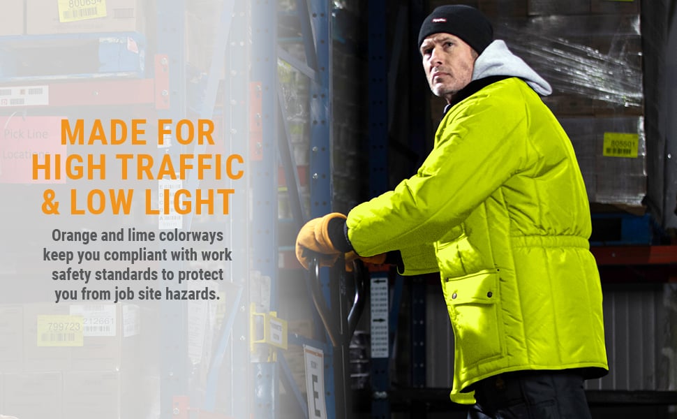 MADE FOR HIGH TRAFFIC & LOW LIGHT. Orange and lime colorways keep you compliant with work safety standards to protect you from job site hazards.