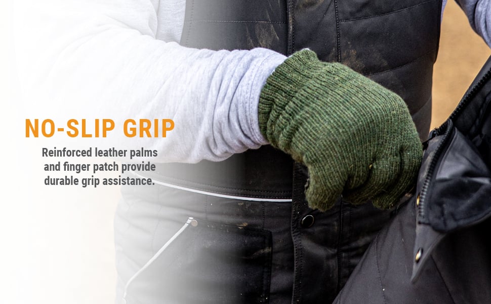 NO-SLIP GRIP Reinforced leather palms and finger patch provide durable grip assistance. 