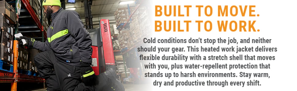 Built to Move. Built to Work. Cold conditions don’t stop the job, and neither should your gear. This heated work jacket delivers flexible durability with a stretch shell that moves with you, plus water-repellent protection that stands up to harsh environments. Stay warm, dry and productive through every shift