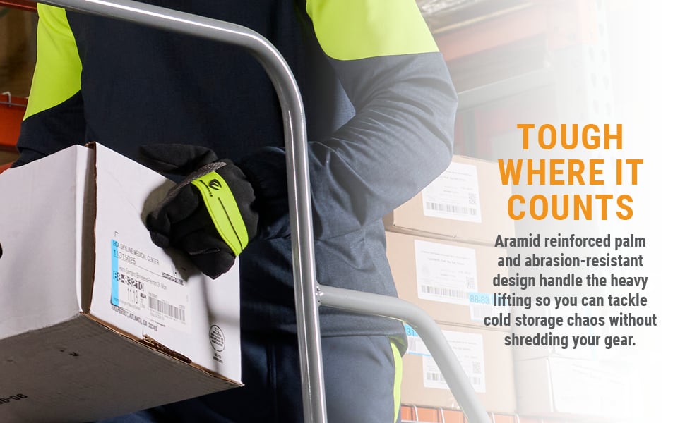 TOUGH WHERE IT COUNTS Aramid reinforced palm and abrasion-resistant design handle the heavy lifting so you can tackle cold storage chaos without shredding your gear.