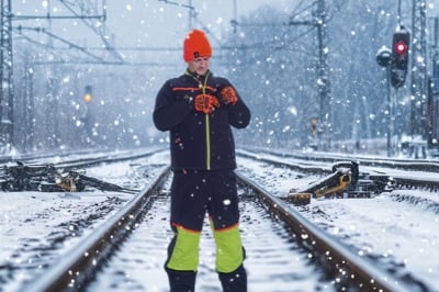 A man in cold weather gear on a train track.