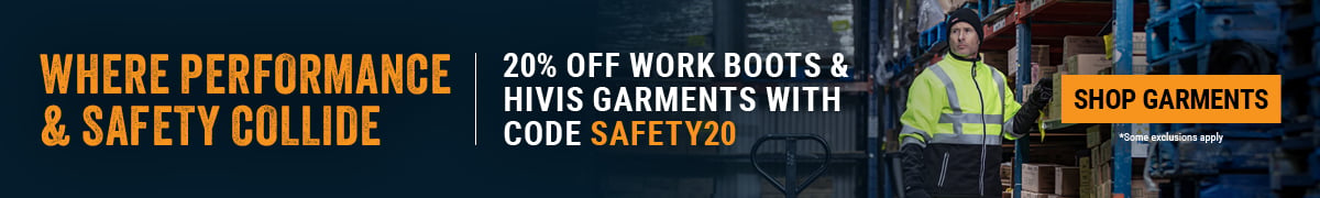 WHERE PERFORMANCE & SAFETY COLLIDE 20% off Work Boots & HiVis Garments with code SAFETY20