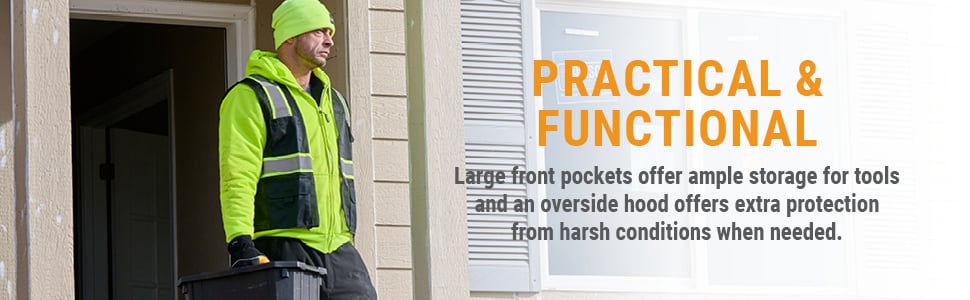 PRACTICAL & FUNCTIONAL Large front pockets offer ample storage for tools and an overside hood offers extra protection from harsh conditions when needed.