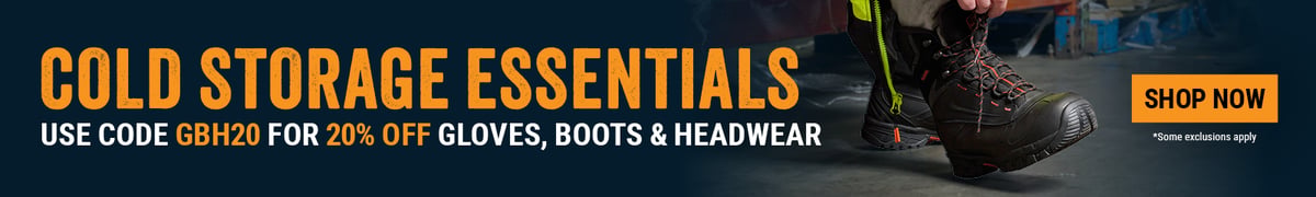 20% OFF COLD STORAGE ESSENTIALS. Use code GBH20 for 20% gloves, boots & headwear. 