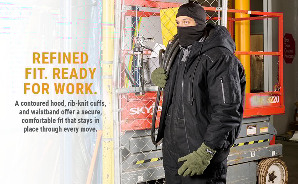 REFINED FIT. READY FOR WORK.A contoured hood, rib-knit cuffs, and waistband offer a secure, comfortable fit that stays in place through every move. 