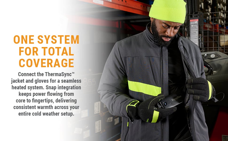 One System for Total Coverage. Connect the ThermaSync™ jacket and gloves for a seamless heated system. Snap integration keeps power flowing from core to fingertips, delivering consistent warmth across your entire cold weather setup.