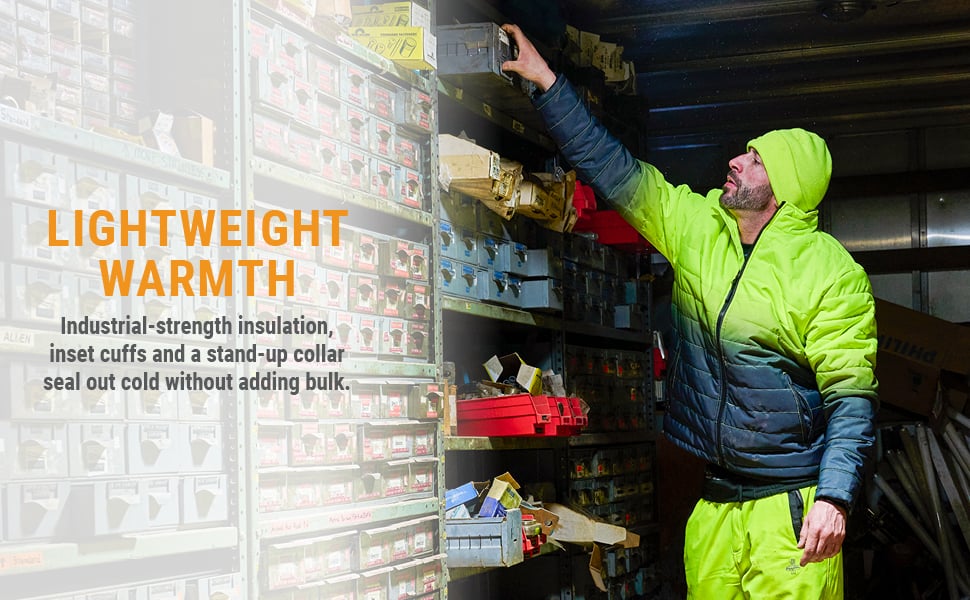 LIGHTWEIGHT WARMTH Industrial-strength insulation, inset cuffs and a stand-up collar seal out cold without adding bulk.