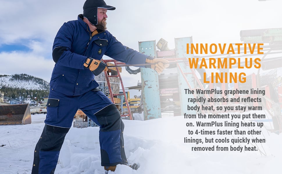 INNOVATIVE WARMPLUS LINING The WarmPlus graphene lining rapidly absorbs and reflects body heat, so you stay warm from the moment you put them on. WarmPlus lining heats up to 4-times faster than other linings, but cools quickly when removed from body heat. 