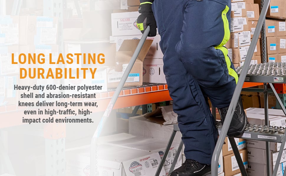 LONG LASTING DURABILITY. Heavy-duty 600 -deier polyester shell and abrasion-resistant knees deliver long-term wear, even in high-traffic, high-impact cold environments. 