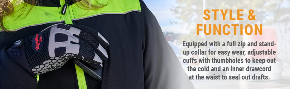 STYLE & FUNCTION Equipped with a full zip and stand-up collar for easy wear, adjustable cuffs with thumbholes to keep out the cold and an inner drawcord at the waist to seal out drafts.
