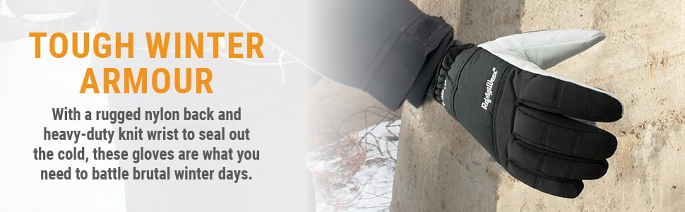 TOUGH WINTER ARMOUR With a rugged nylon back and heavy-duty knit wrist to seal out the cold, these gloves are what you need to battle brutal winter days. 