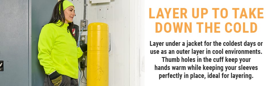 LAYER UP TO TAKE DOWN THE COLD. Layer under a jacket for the coldest days or use as an outer layer in cool environments. Thumb holes in the cuff keep your hands warm while keeping your sleeves perfectly in place, ideal for layering.