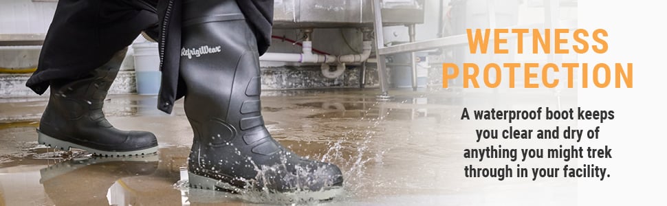 WETNESS PROTECTION: A waterproof boot keeps you clear and dry of anything you might trek through in your facility.