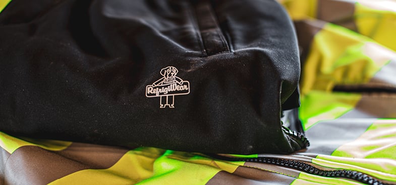 Close-up of RefrigiWear logo on a jacket