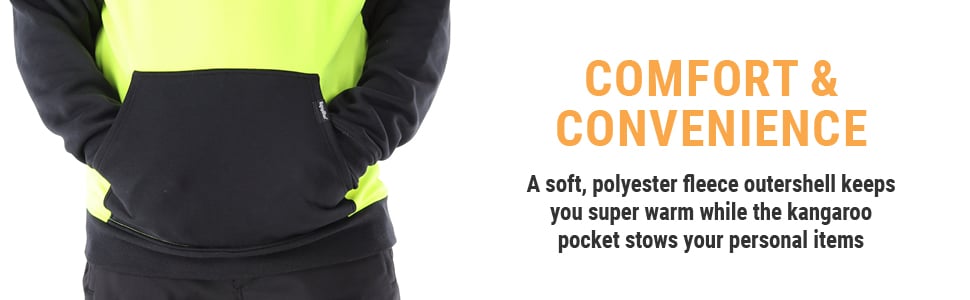 COMFORT & CONVENIENCE. A soft, polyester fleece outershell keeps you super warm while the kangaroo pocket stows your personal items