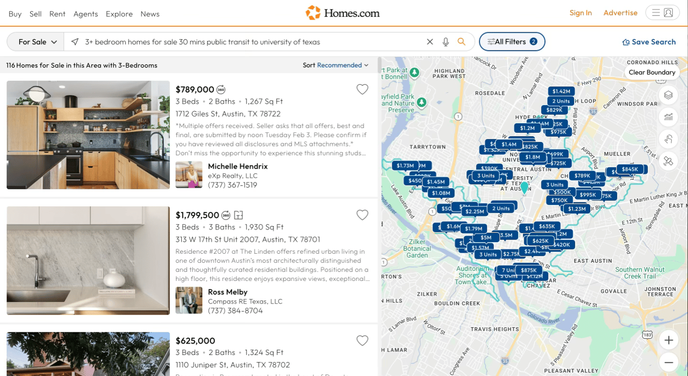 Homes.com Smart Search and isochrones