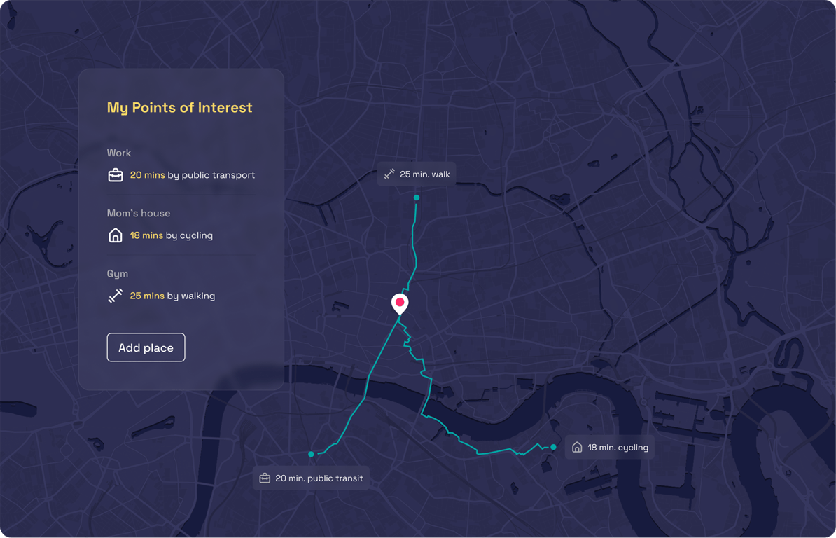 map with routes between 3 POIs