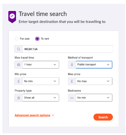 Zoopla travel time search