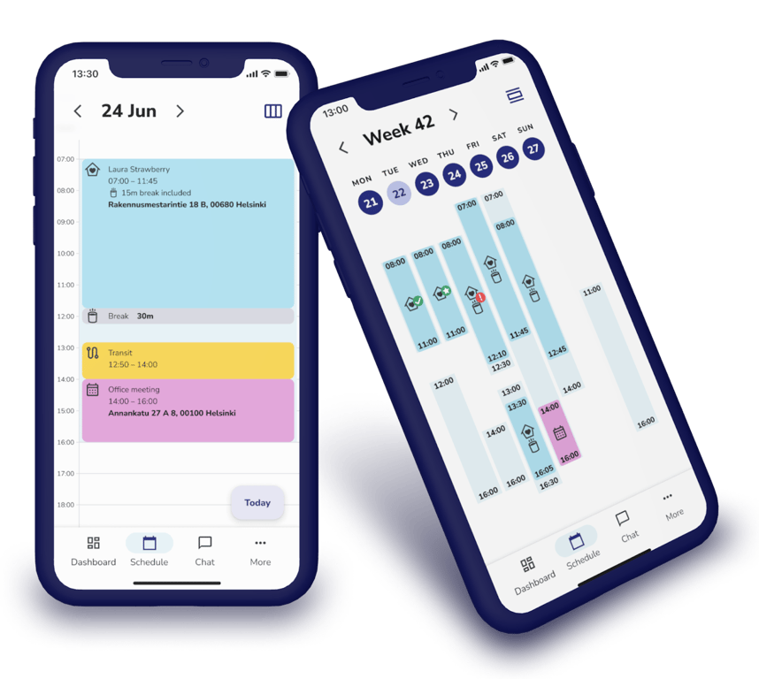2 mobile phones showing scheduling software