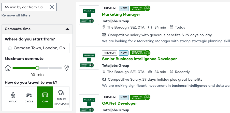 Totaljobs portal using TravelTime API to display commute times.