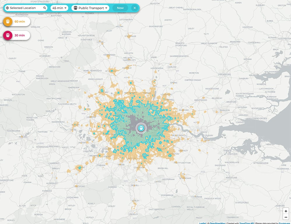 traveltime app interface shows multiple layered isochrones
