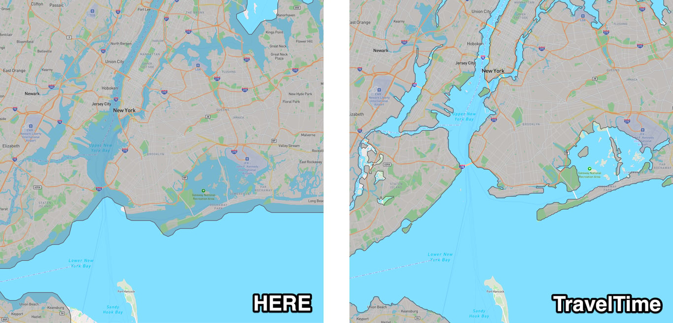 A comparison images of HERE and TravelTime's isochrones and its details