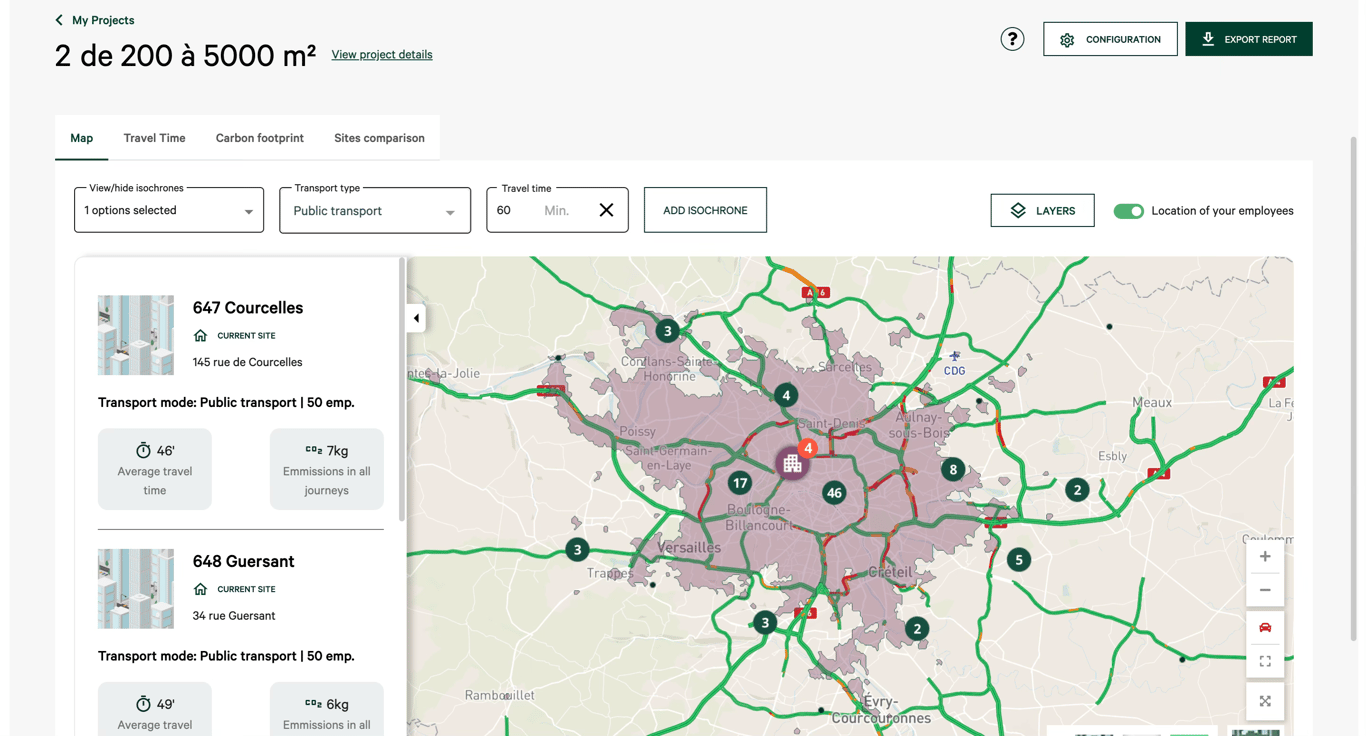 Commute Analyzer showing 60-minute Public Transport isochrone around an office, with employees located in different areas