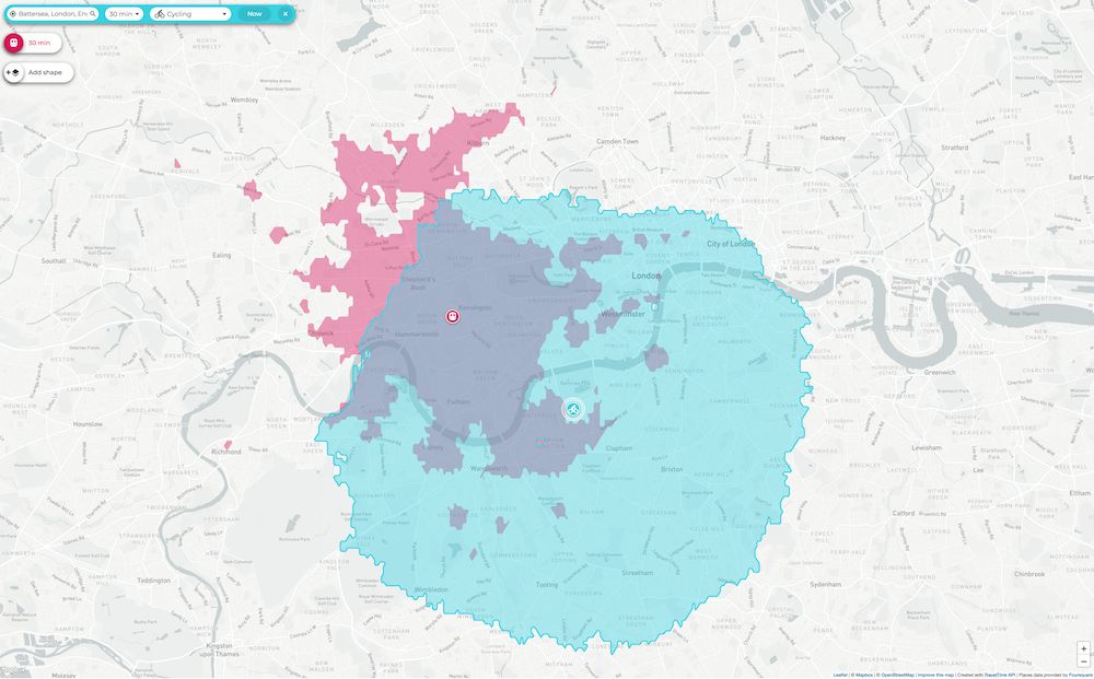 30 minutes travel time cycling from Battersea