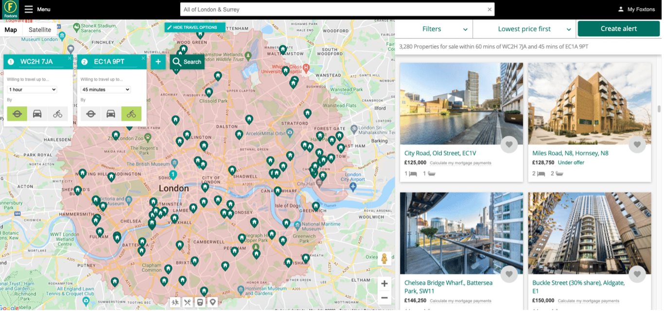 property search interface with a map