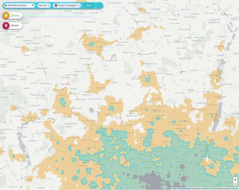 traveltime app interface shows multiple layered isochrones