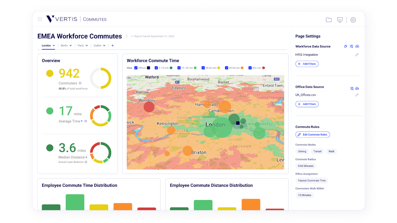 Vertis Commute module showing isochrones and employee locations using TravelTime API