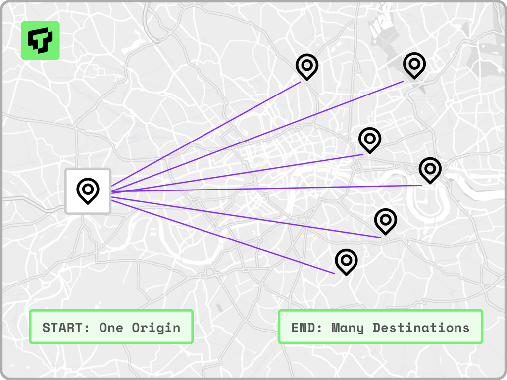 Distance Matrix API visualisation, showing one origin connecting to many destinations.