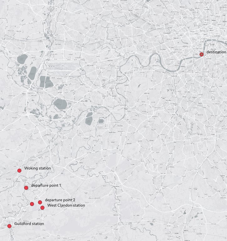 Map of Woking, West Clandon & Guildford stations