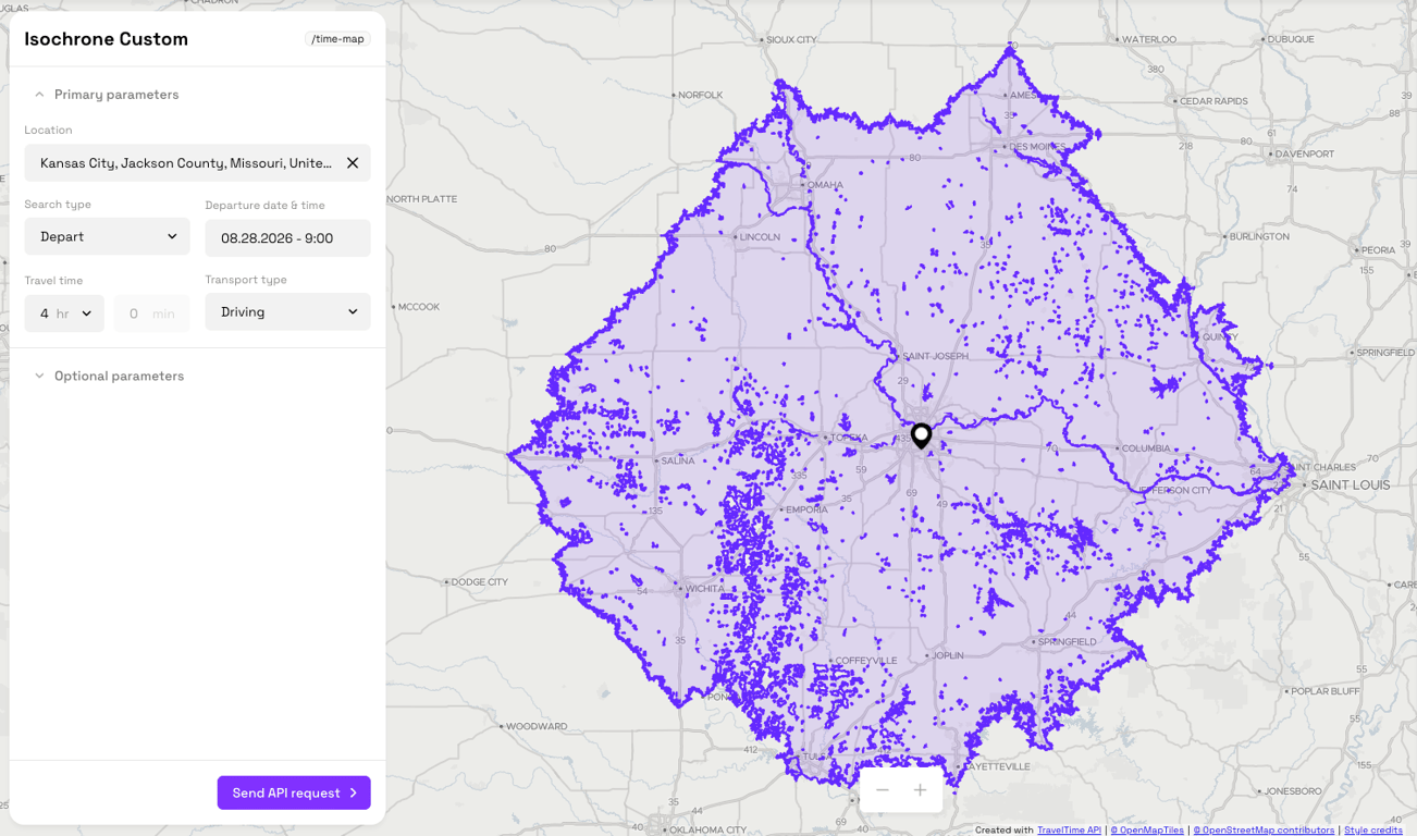 4-hour driving isochrone from Kansas City in the TravelTime playground
