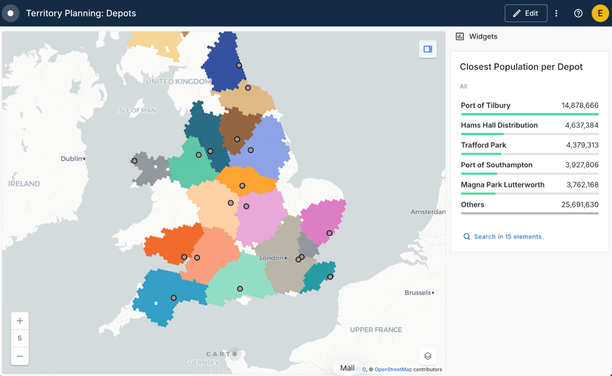 Territory planning depot analysis using a TravelTime H3 Voronoi Diagram in the CARTO platform