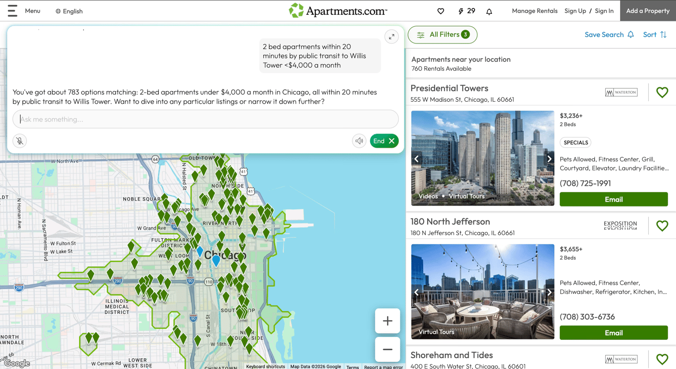 Apartments.com AI showing apartments within 20 minutes by public transit to Willis Tower