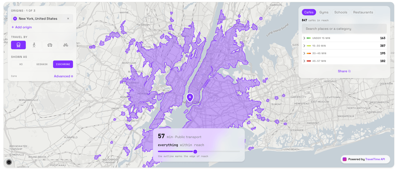 TravelTime isochrone using public transit data in New York, USA